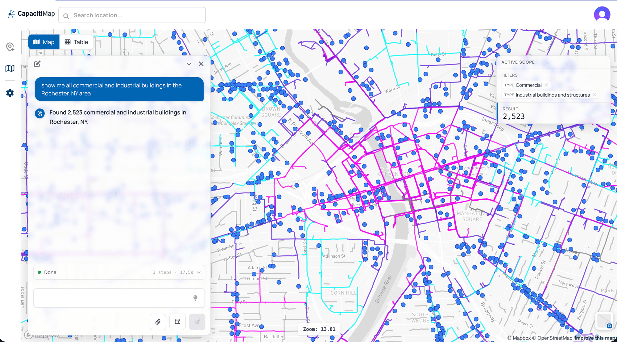 The CapacitiMap app: a chat query for commercial and industrial buildings in Rochester, NY returns 2,523 results shown on the map.